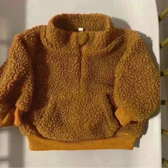 Teddy pullover button up baby tan brown neutral sweatshirt unisex hoodie - Picture 1 of 2